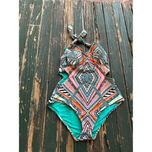 Jessica Simpson Geometric Print Halter One Piece Swimsuit Women's 0X Teal Orange